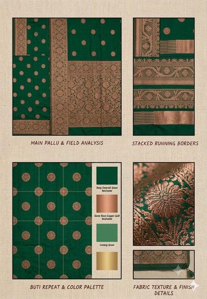 Darker green silk with jari work bnarsi saree