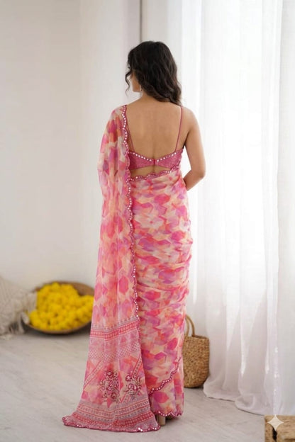 Plain georgette border saree light pink