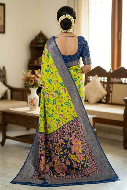 This silky premium bnarsi saree with light green texture