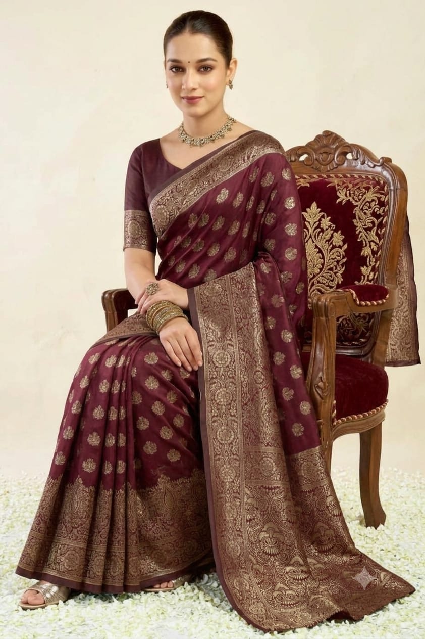 Dark maroon silky banarsi saree