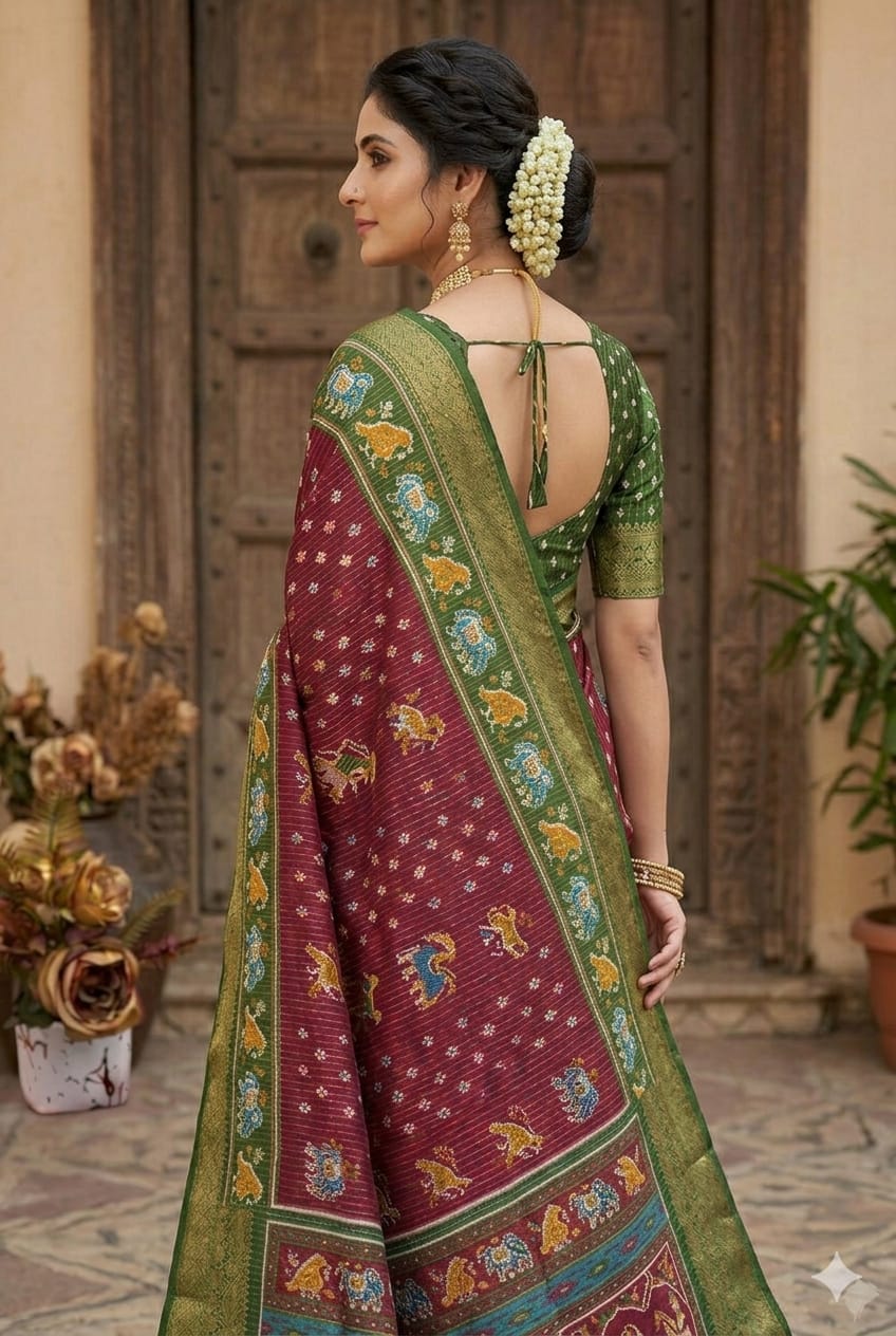 Dark maroon silky royal look saree