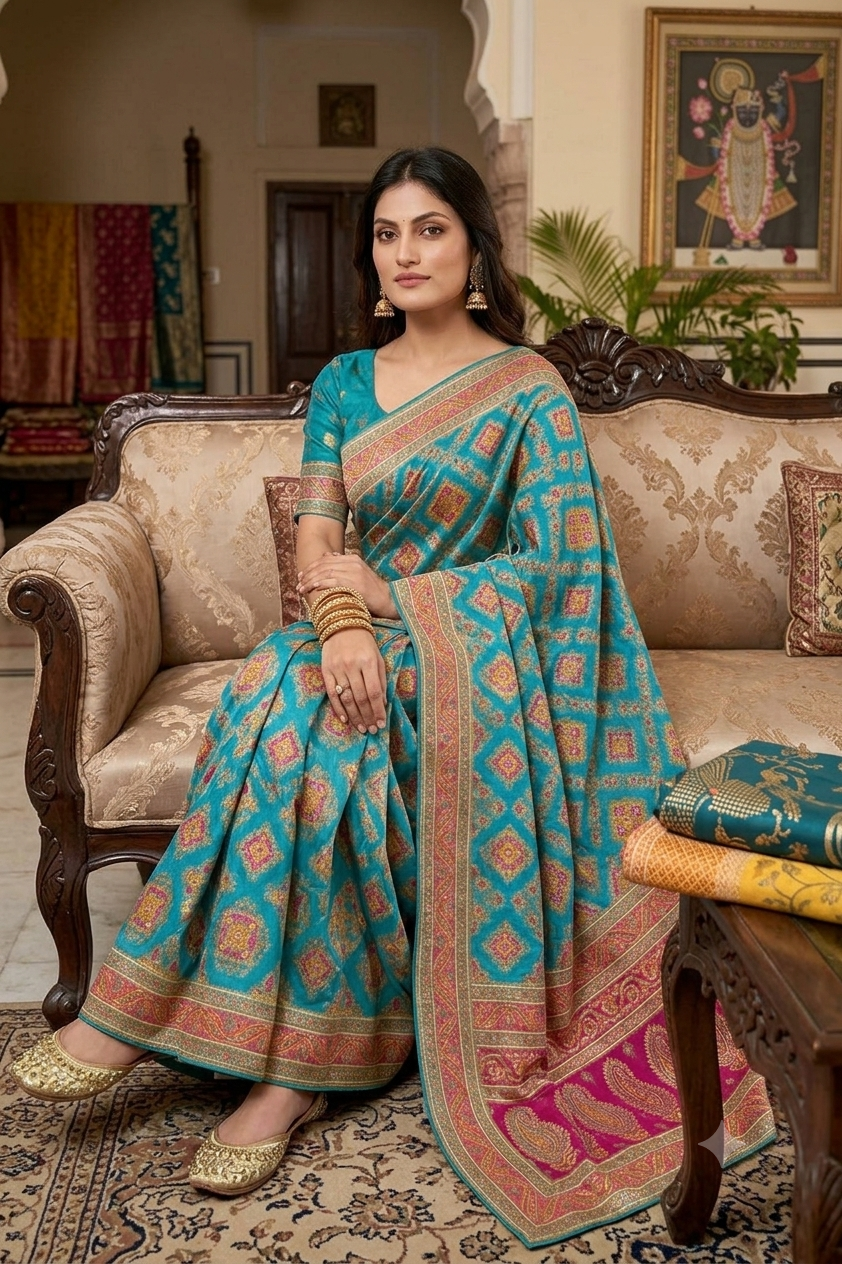 Turquoise tussar silky saree with pink patola and paisley zari border