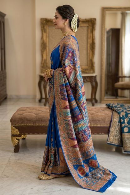 Exquisite royal blue silky saree with intricate patch work & zari border