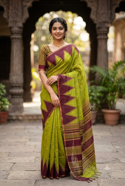 Shining green georgette saree with plain look