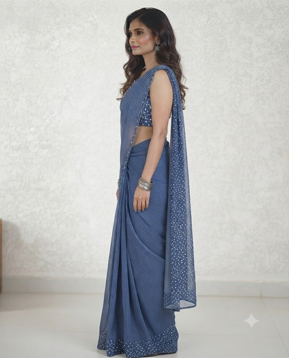 Timeless elegance in this blue striped linen saree.