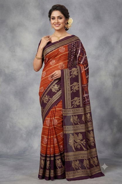 Maroon colour mixture of polyester & chiffon saree
