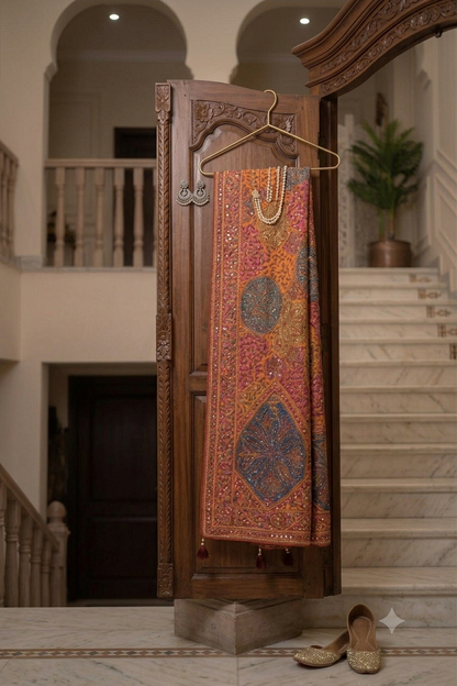 Elegant multi colour kashmiri pashmina silk with intricate mirror work border