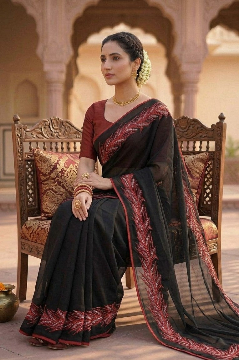 Black georgette plain Saree with boundary enhancing the nature