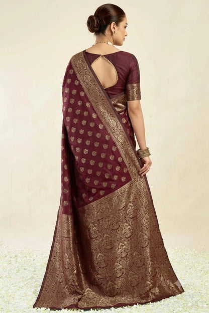 Maroon silky banarsi saree with jari boundary