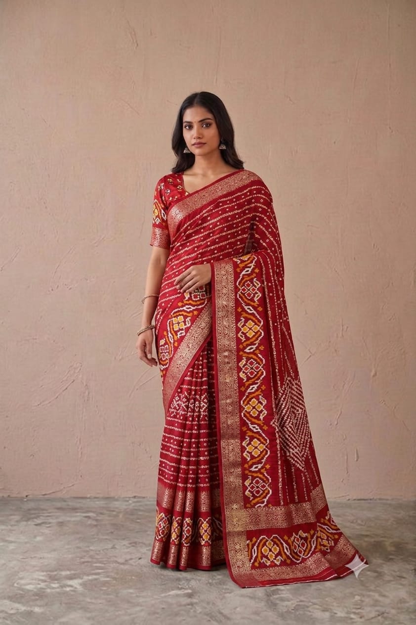 Semi georgette saree with shining border in dark red colour