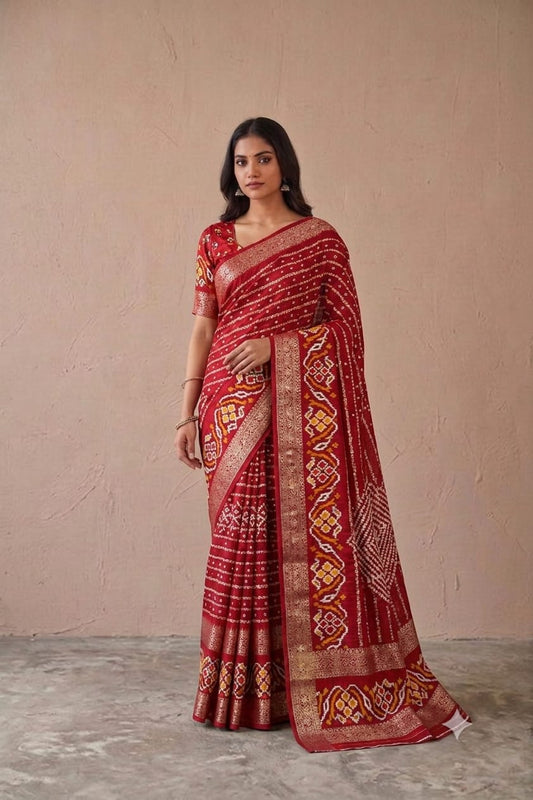 Semi georgette saree with shining border in dark red colour