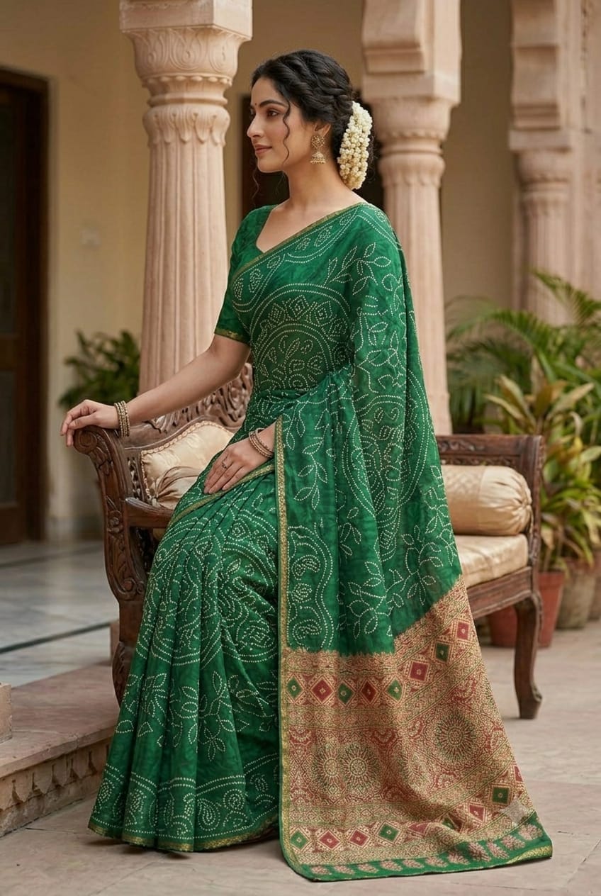 Green chunni style saree along with polyester  and georgette fabric