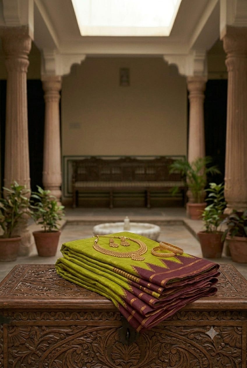 Light green polyester fabric saree with simple design