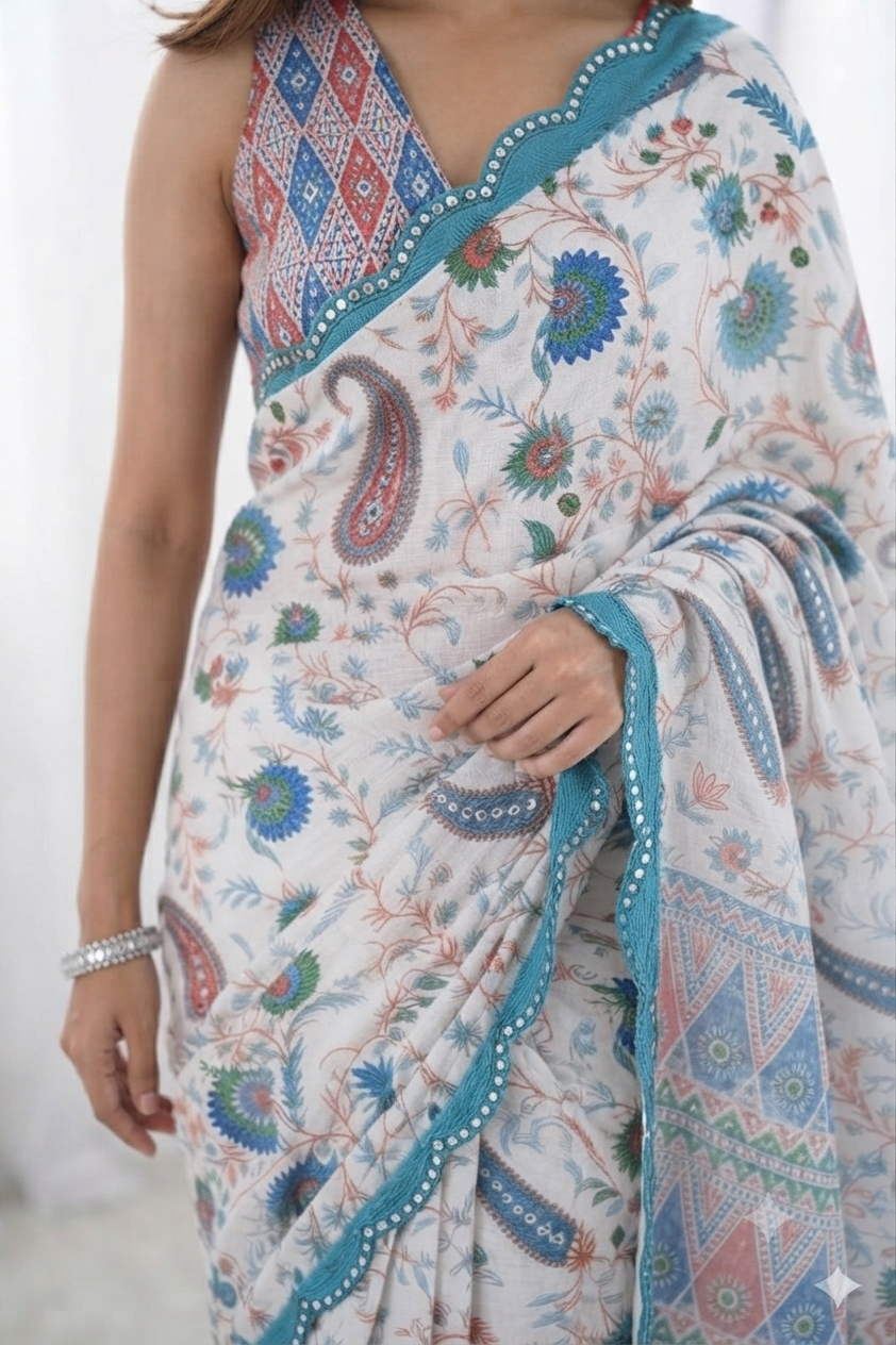 Embrace effortless elegance with this linen blend fabric printed saree