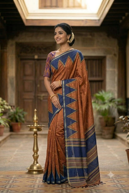 Mixture of kesari and brown colour saree chiffon fabric