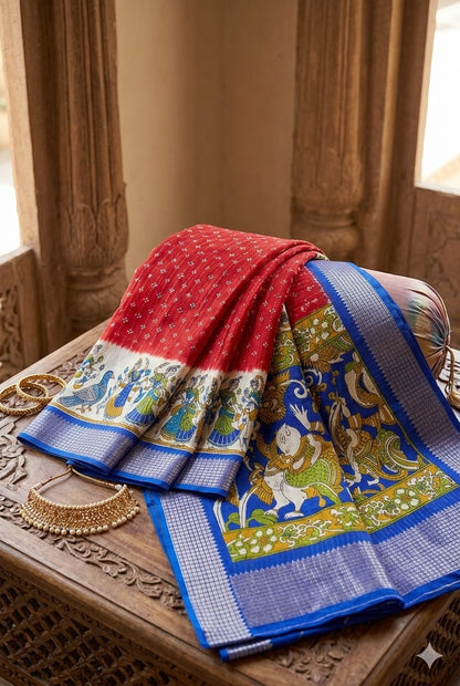 Dark red banarsi with blue border patta