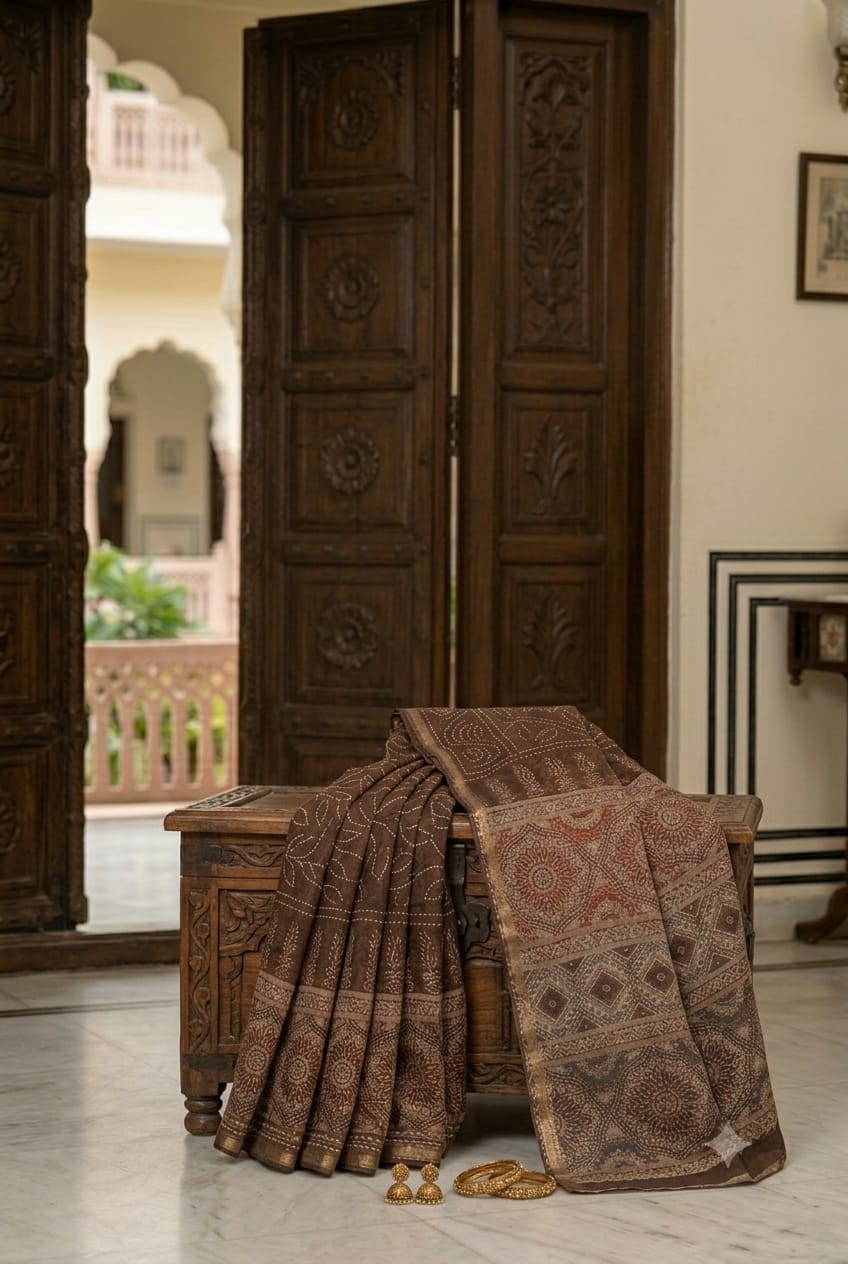 Chocolaty sandy mix polyester fabric saree