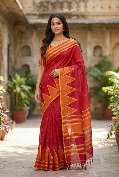 Mixture of red and orange georgette light weight saree