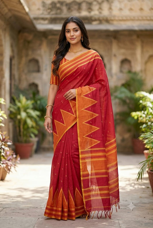 Mixture of red and orange georgette light weight saree