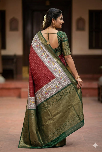 Maroon silky banarsi with green putta