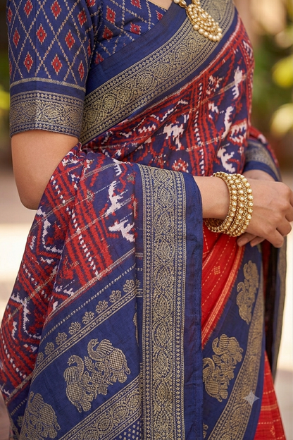 Mixture of polyester & chiffon red coloured saree