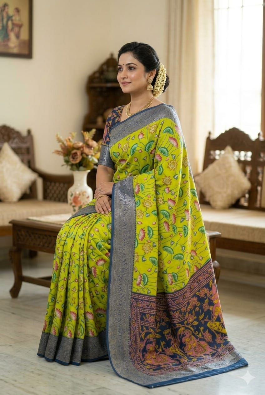 This silky premium bnarsi saree with light green texture
