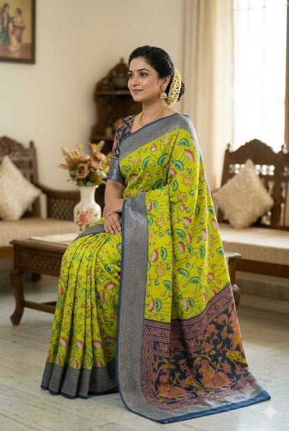 This silky premium bnarsi saree with light green texture