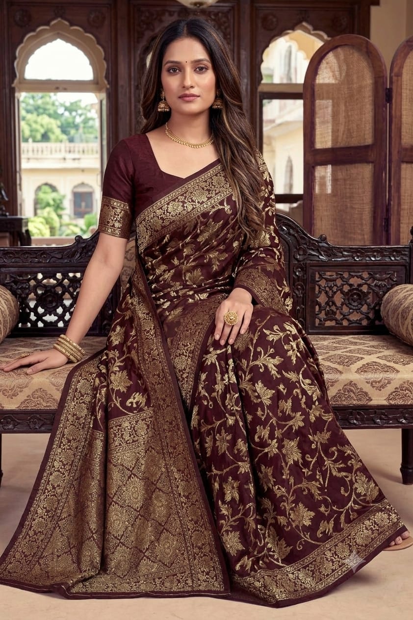 Darker maroon silky wedding wear saree