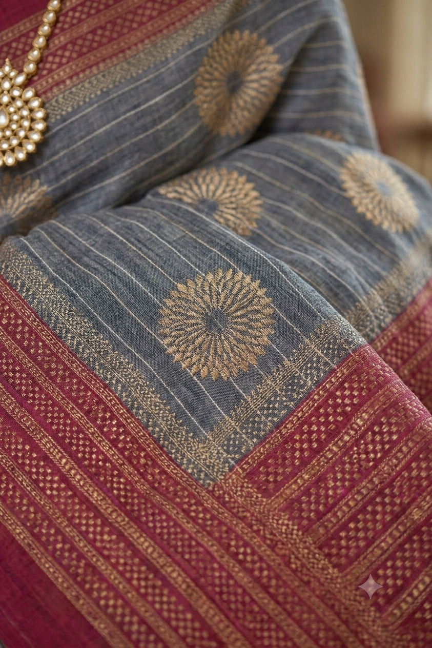 Slate coloured premium georgette saree with shining texture