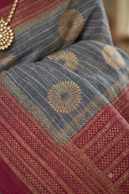 Slate coloured premium georgette saree with shining texture