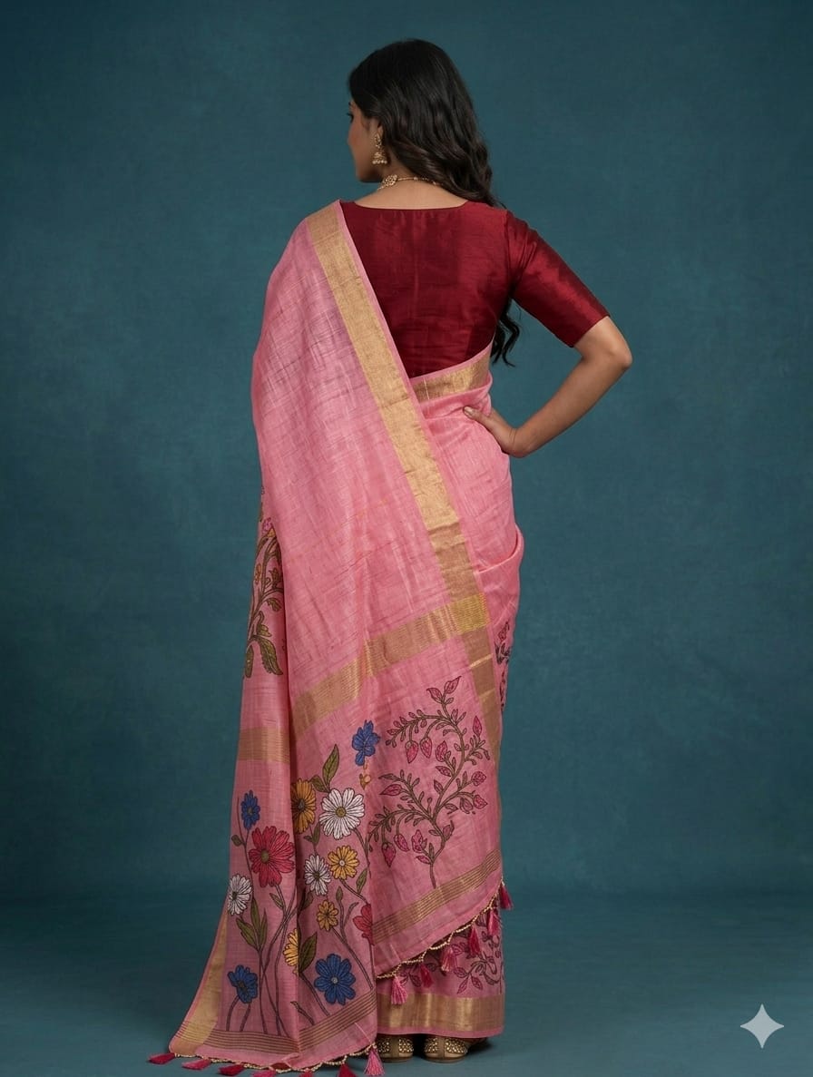 Pinky promise organza -embroidery jari cotton boundary along with cotton blouse