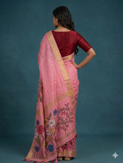Pinky promise organza -embroidery jari cotton boundary along with cotton blouse