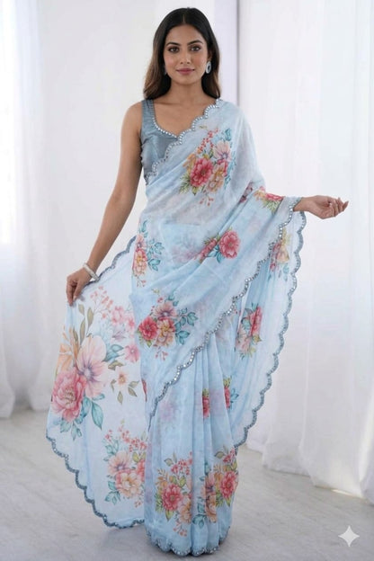 Bluesh georgette printed saree with shining boundary