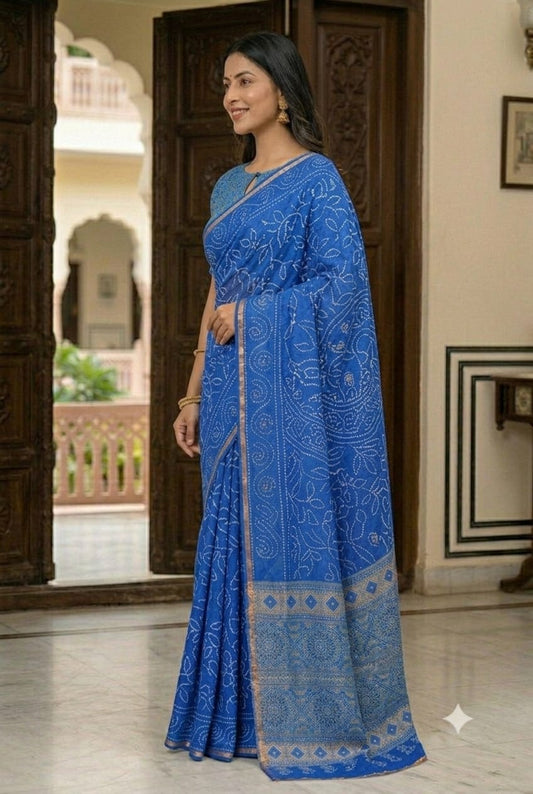 Asmani blue saree mixture of polyester fabric