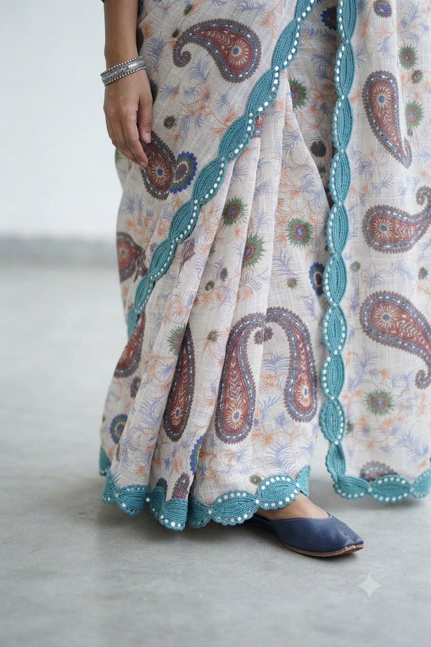 Embrace effortless elegance with this linen blend fabric printed saree