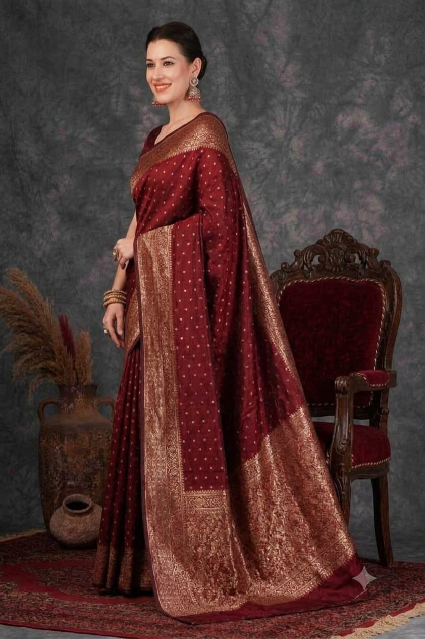 Dark red silky banarsi saree