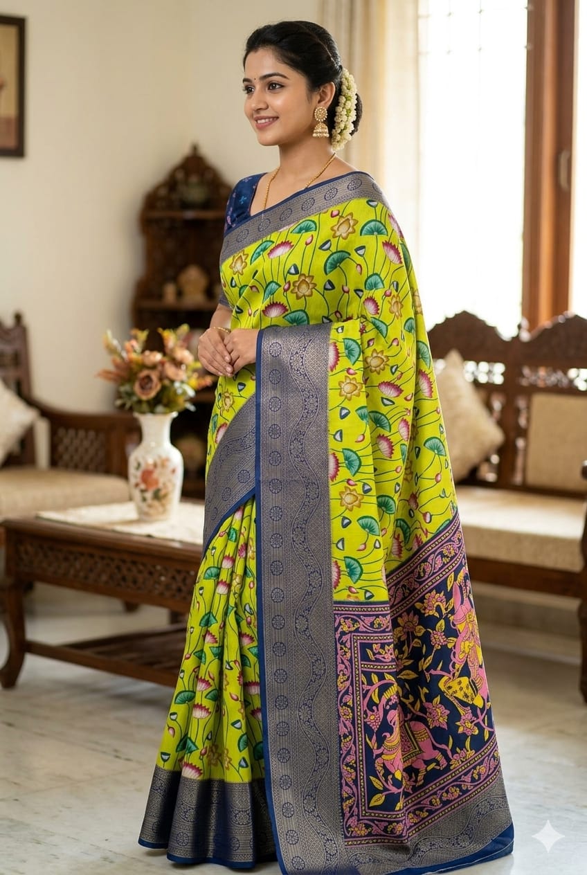 This silky premium bnarsi saree with light green texture