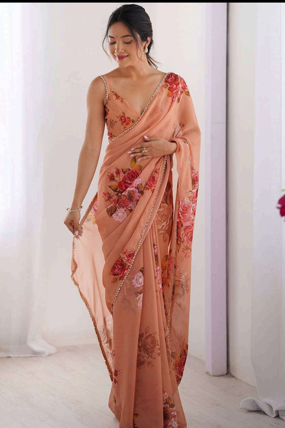 Georgette printed light pink saree with extra comfort