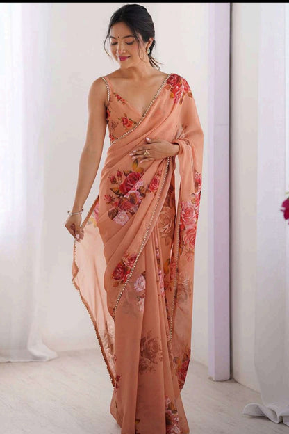 Georgette printed light pink saree with extra comfort