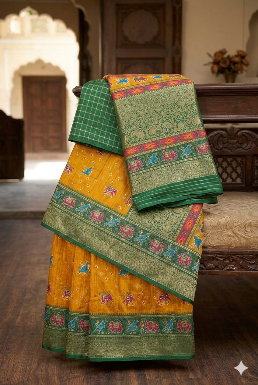 Yellow mango banarsi silky Saree premium quality