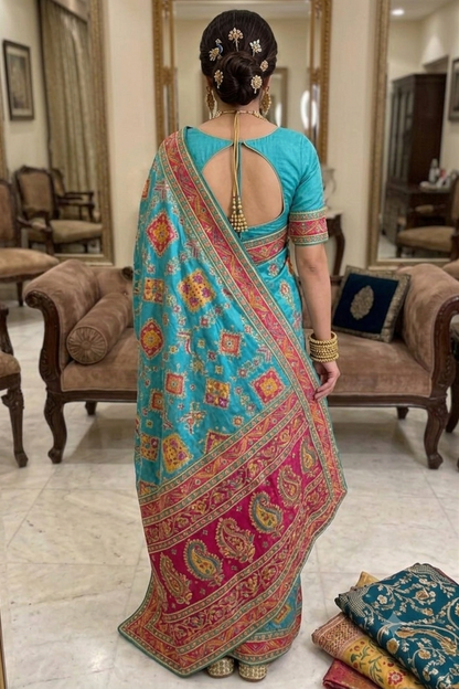 Turquoise tussar silky saree with pink patola and paisley zari border