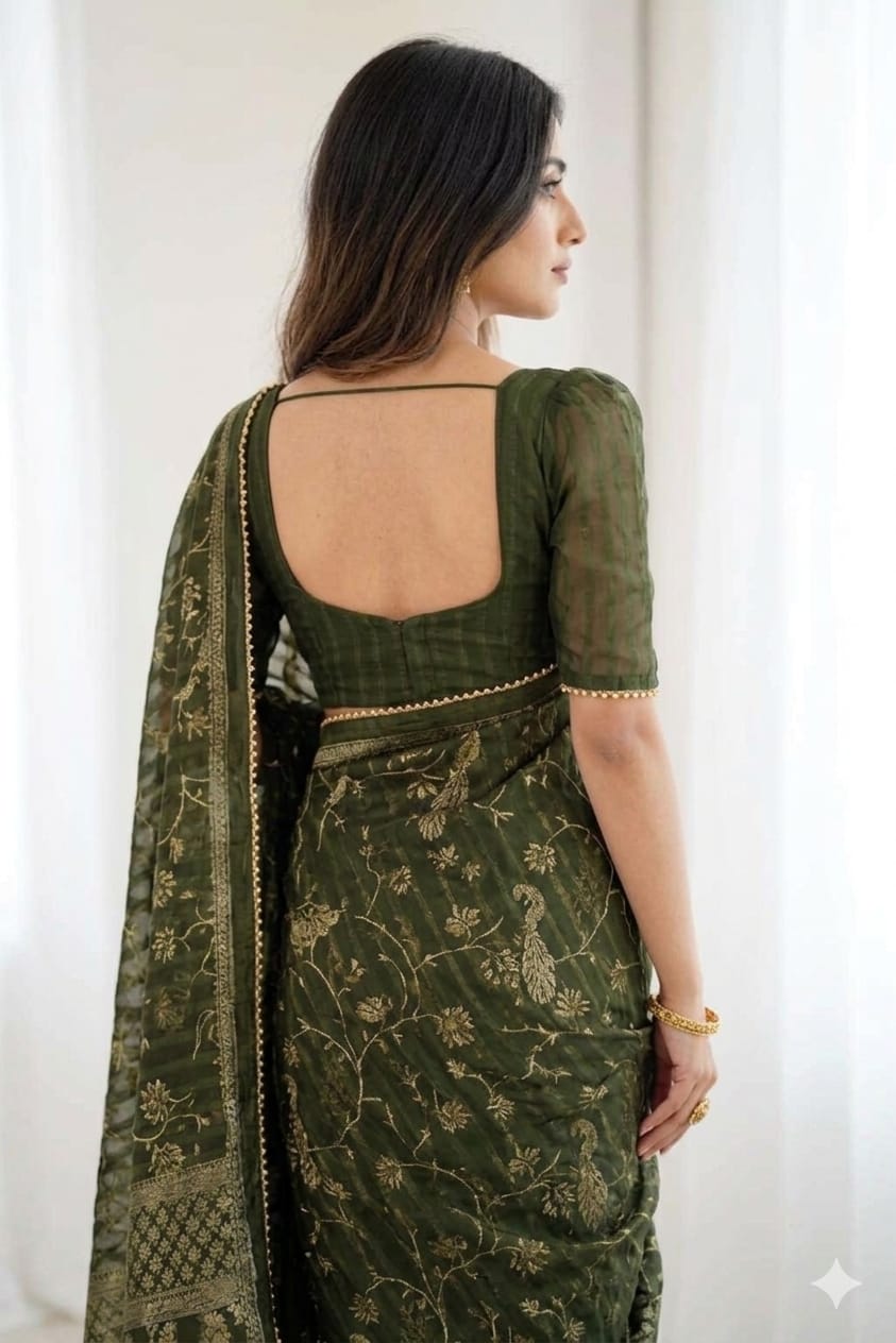 Black printed georgette saree with full sleeves blouse