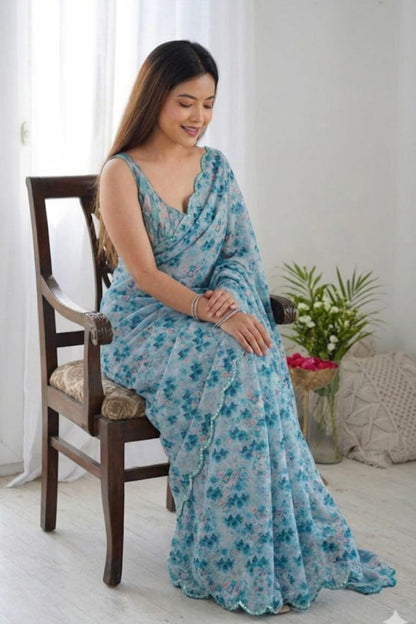 Bluesh georgette printed saree with premium texture