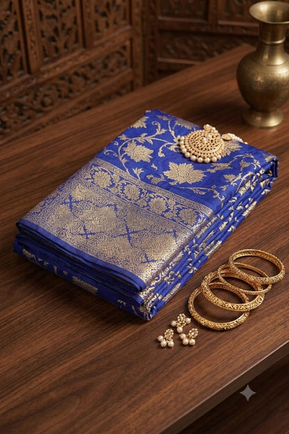Dark blue mixture of silk and jari enhanced by nature