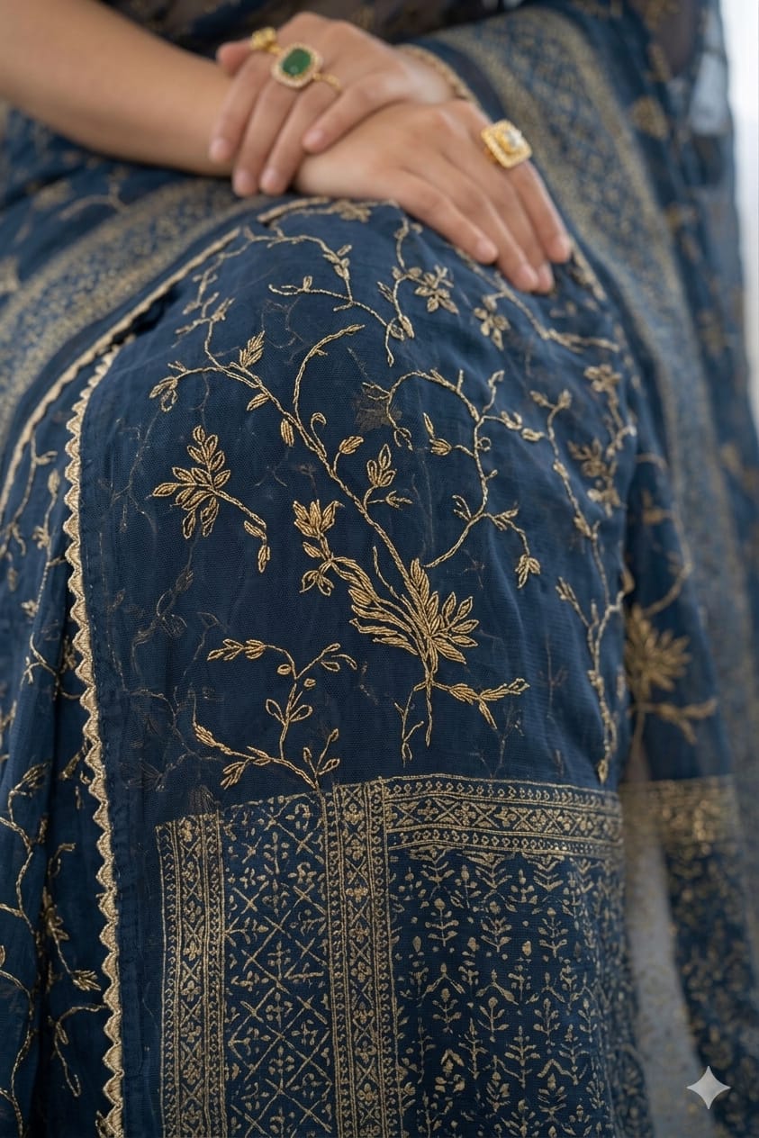 Dark bluesh georgette printed saree with simple border