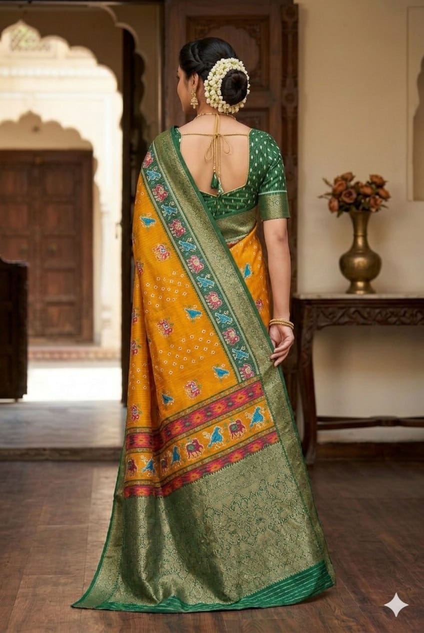 Yellow mango banarsi silky Saree premium quality