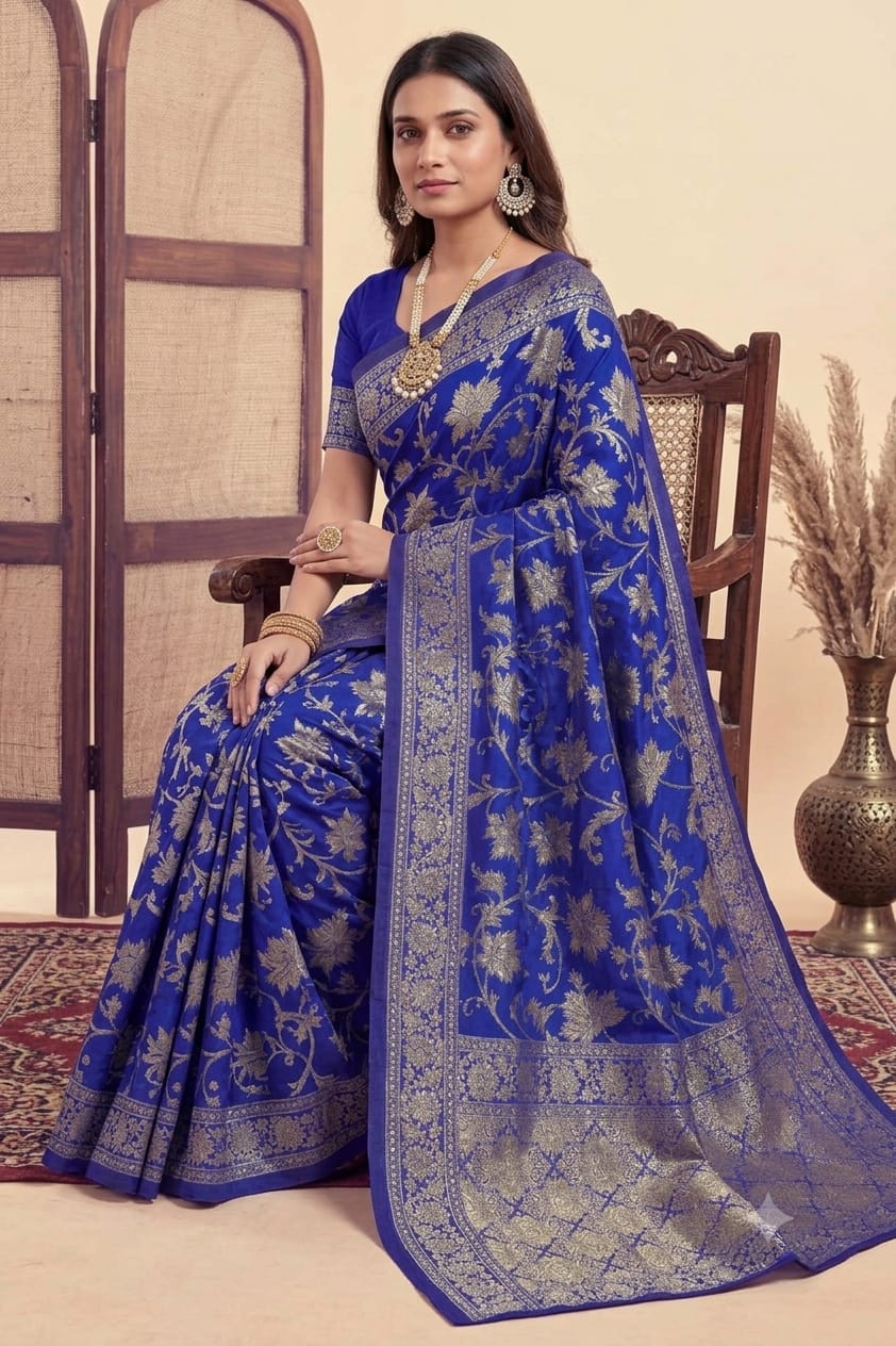 Dark blue mixture of silk and jari enhanced by nature