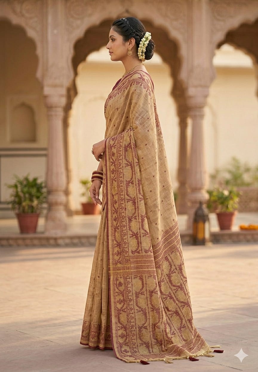 Cotton ice cream maroon embroidery along with blouse