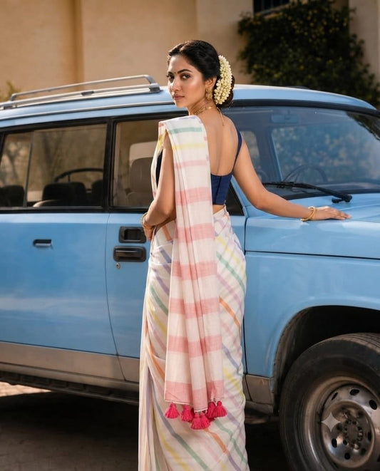 Elegant pastel striped linen saree with tassels perfect for you