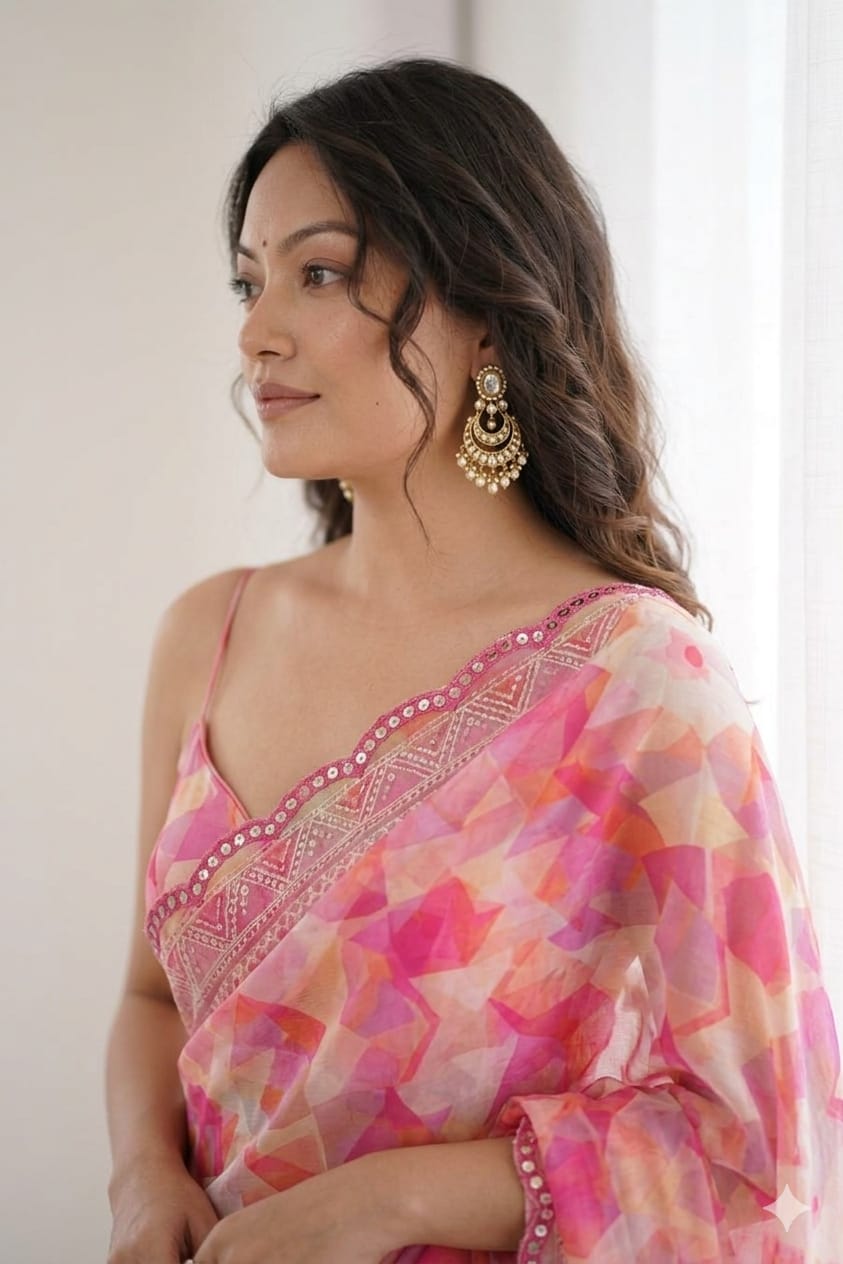 Plain georgette border saree light pink